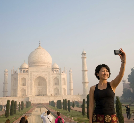 Asian tourist photographing the Taj Mahal during a Delhi‑to‑Agra day trip, often included in India’s best vacation package itineraries.