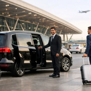 Airport taxi picking up family at the Noida International Airport