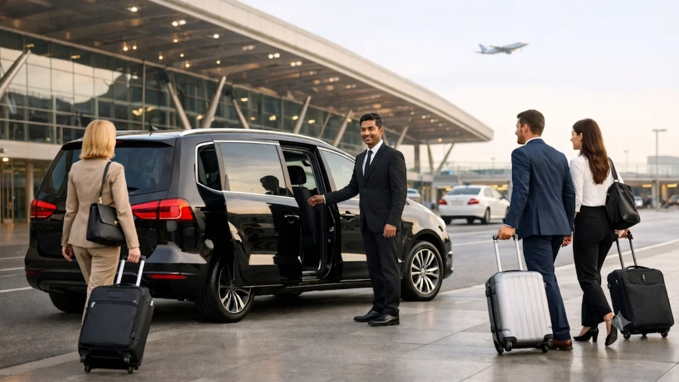 Airport taxi picking up family at the Noida International Airport