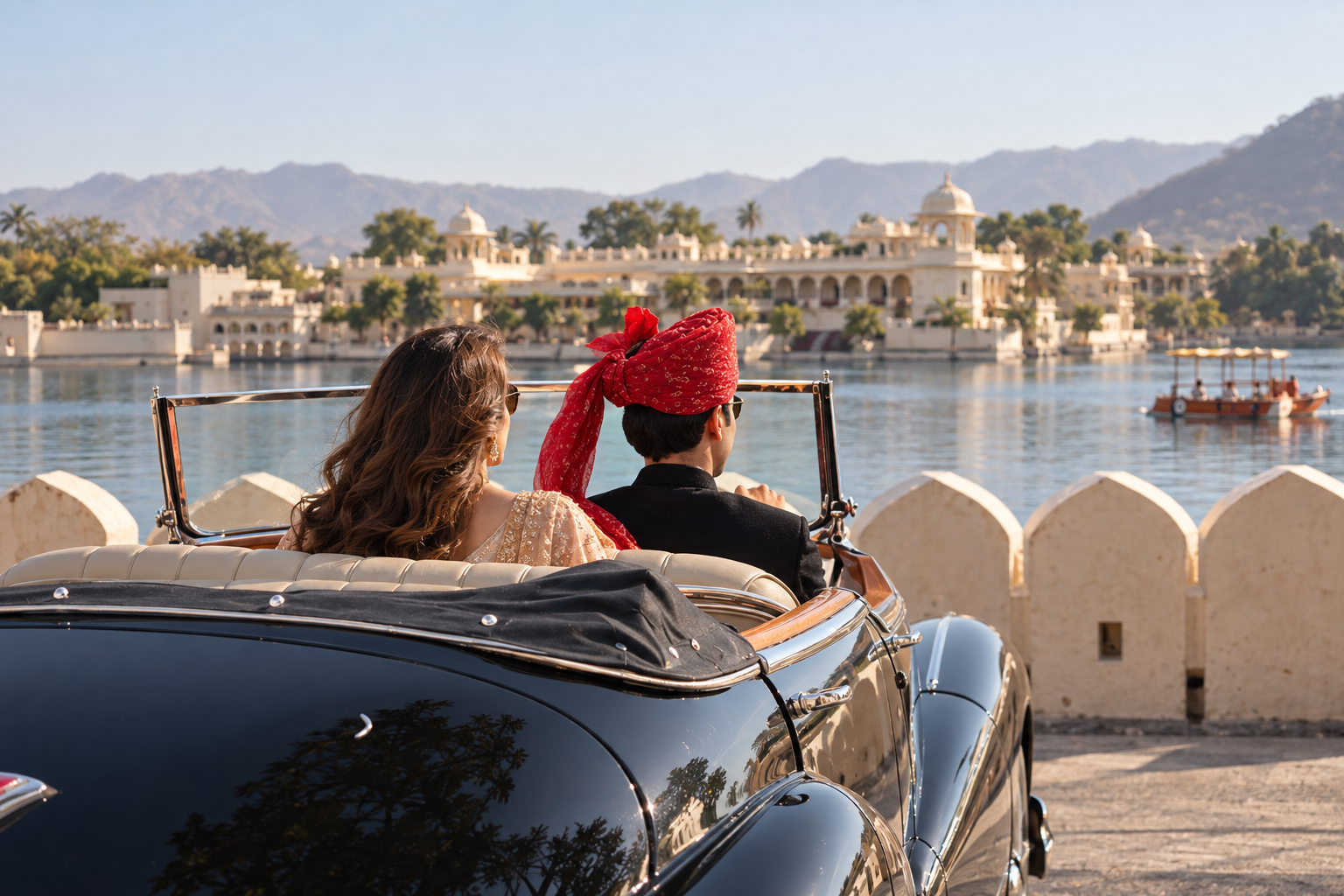 Delhi Cabz & Services chauffeur driving passenger around Jaipur in a convertible vintage car